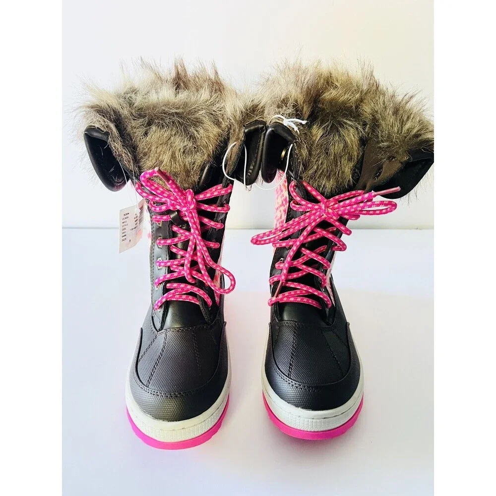 NWT JUSTICE GIRLS BROWN PINK‎ SWEATER KNIT SNOW BOOTS WINTER FAUX FUR GIRLS 5 5M